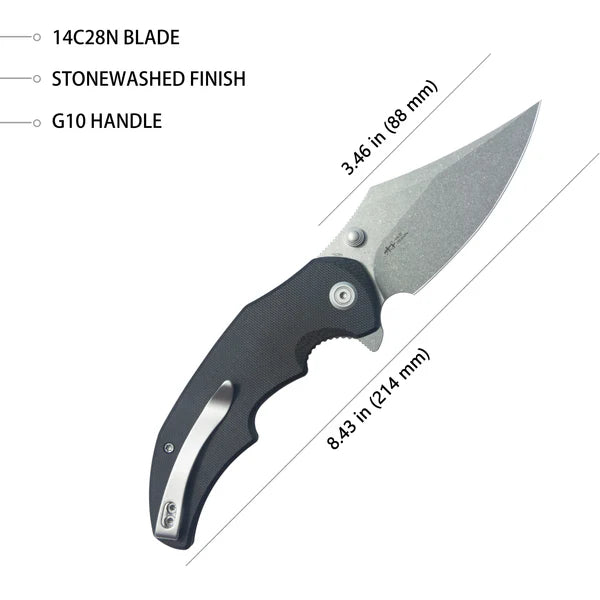 Ceto Flipper Camping Folding Knife Black G-10 Handle 3.46" Blackwash 14C28N Blade KU181A