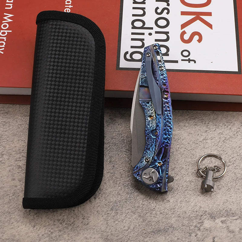 Colored titanium alloy D2 steel hand carved EDC folding knife